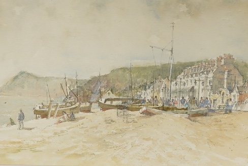 Roland Batchelor (1889-1990), watercolour, Coastal view with beached fishing boats, label verso, 20 x 31cm, mounted, unframed. Condition - fair